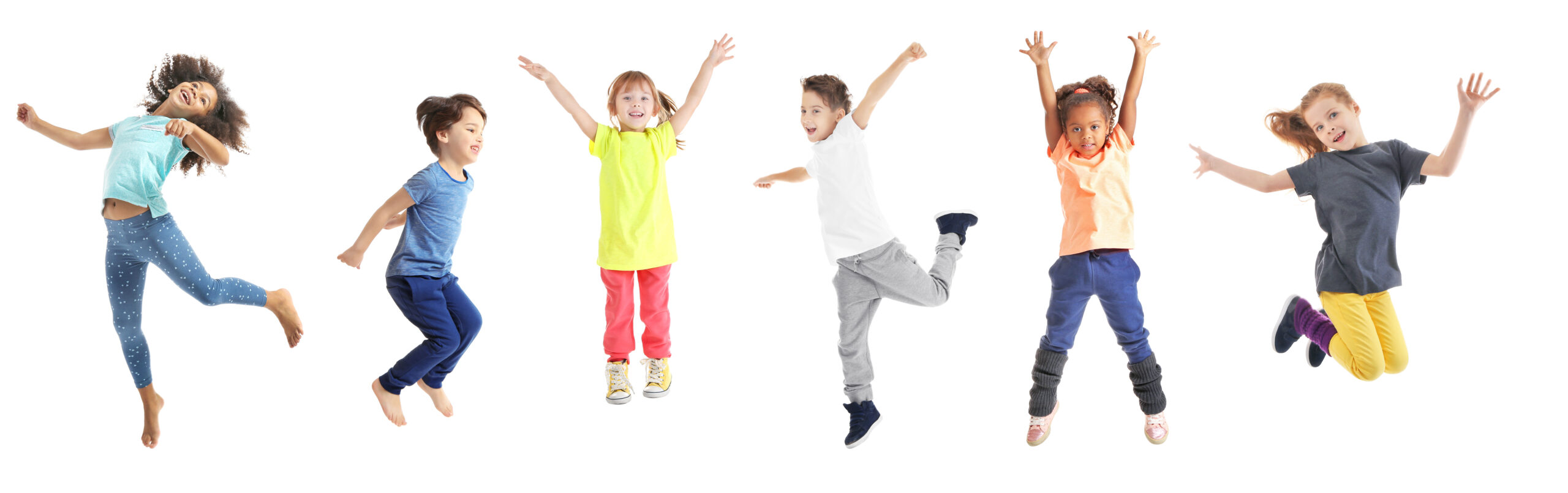 Collage of jumping schoolchildren on white background Kinder in weiß